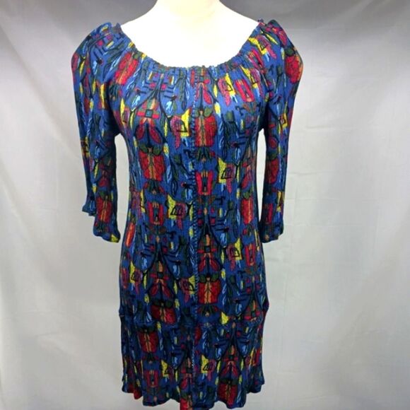 Urban Mangoz Off Shoulder Cotton Stretch Colorful Abstract Midi Dress Large - Picture 1 of 6